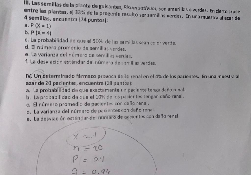 III. Las semillas de la planta de guisantes, Pisun sativum, son amarillas o verdes. En cierto cruce entre las plantas, el \(