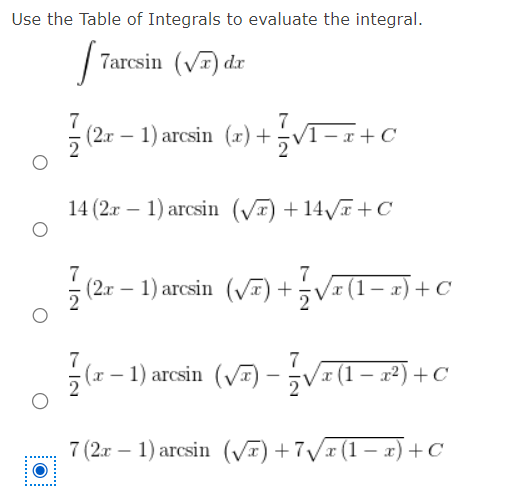 arcsin integral table