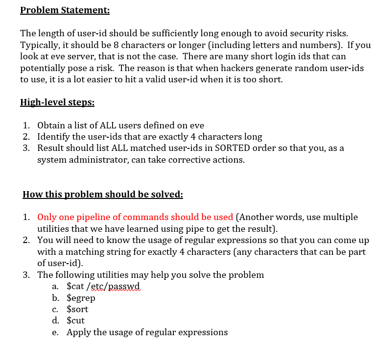Problem Statement: The length of user-id should be | Chegg.com
