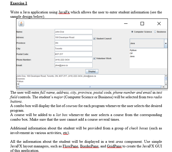 Solved Exercise 1 Write A Java Application Using JavaFx | Chegg.com