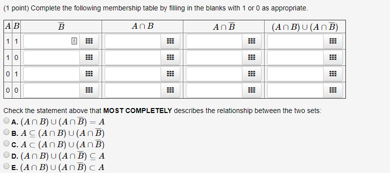 Solved (1 point) Complete the following membership table by | Chegg.com