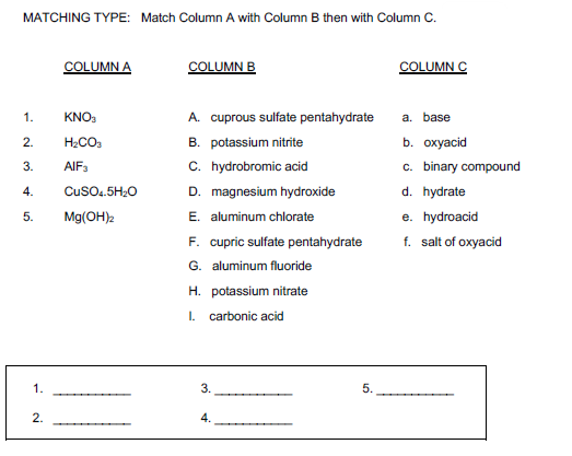 Solved MATCHING TYPE: Match Column A with Column B then with