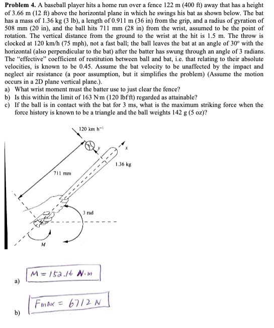 Problem 4. A baseball player hits a home run over a | Chegg.com