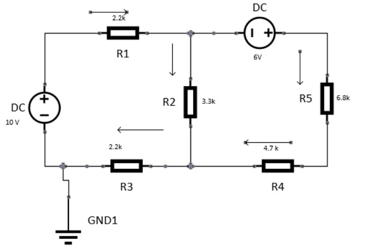 Solved DC + R1 6V 6.8k 3.3k C 10 V R3 R4 GND1 Currents I | Chegg.com