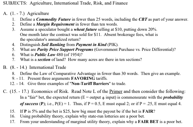 SUBJECTS: Agriculture, International Trade, Risk, and | Chegg.com