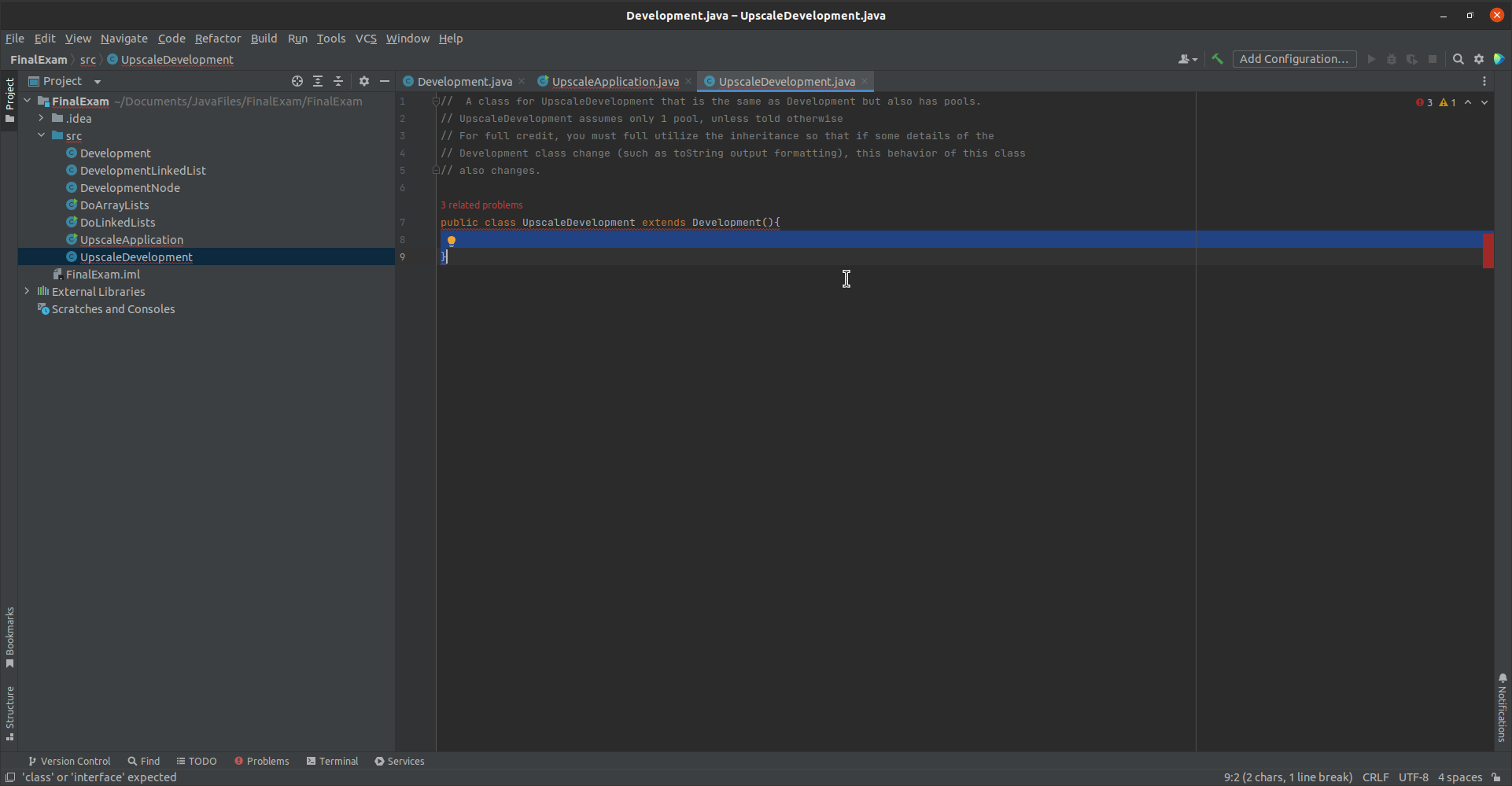 Solved 1) (20 points) Get the files Development.java, | Chegg.com