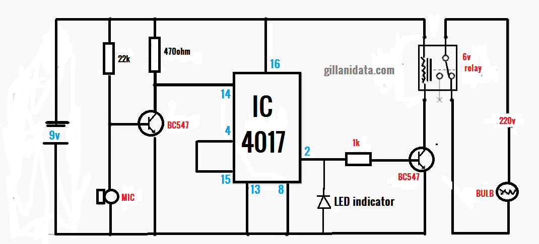 clap on/off switch circuit, clap switch using cd4017