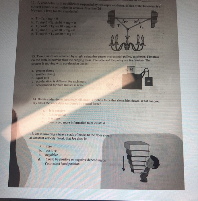Solved 12. A chandelier is in equilibrium suspended by two | Chegg.com