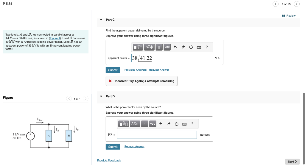 Solved Two Loads, A And B, Are Connected In Parallel Across | Chegg.com