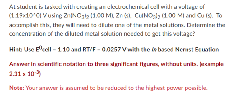 Solved At student is tasked with creating an electrochemical | Chegg.com