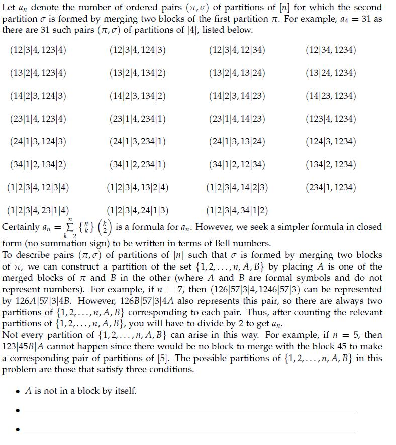 Solved Let Denote Number Ordered Pairs R Partitions N Second Partition Formed Merging Two