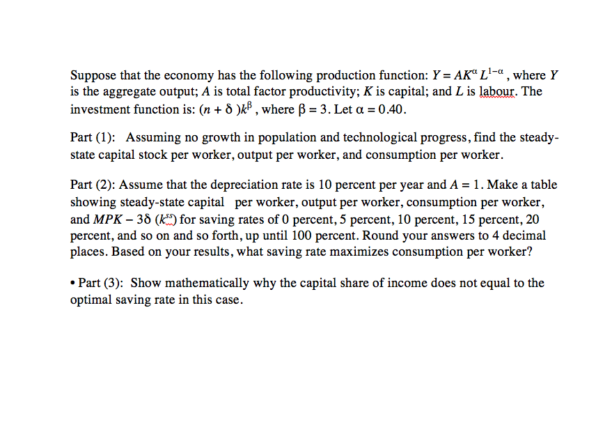 Solved Suppose that the economy has the following production | Chegg.com