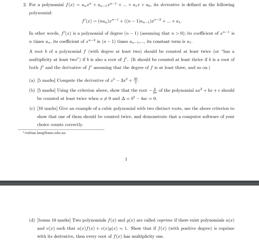 Solved 2 For A Polynomial F X And An 12 1 Chegg Com