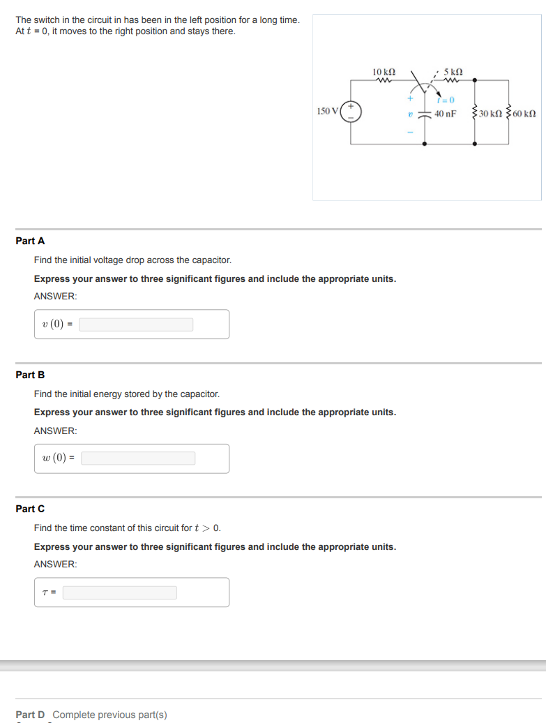 Solved The switch in the circuit in has been in the left | Chegg.com
