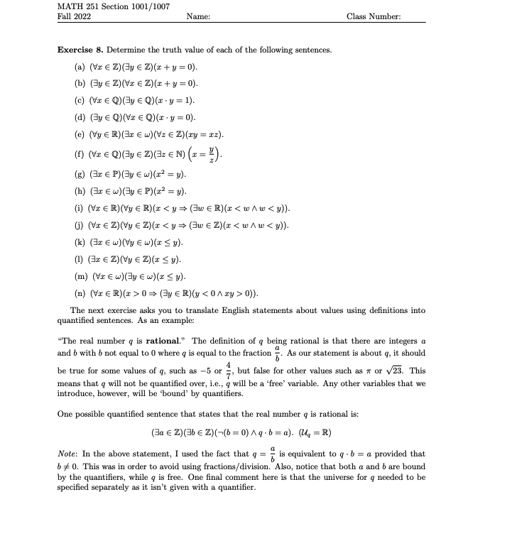 Solved Exercise 8. Determine the truth value of each of the