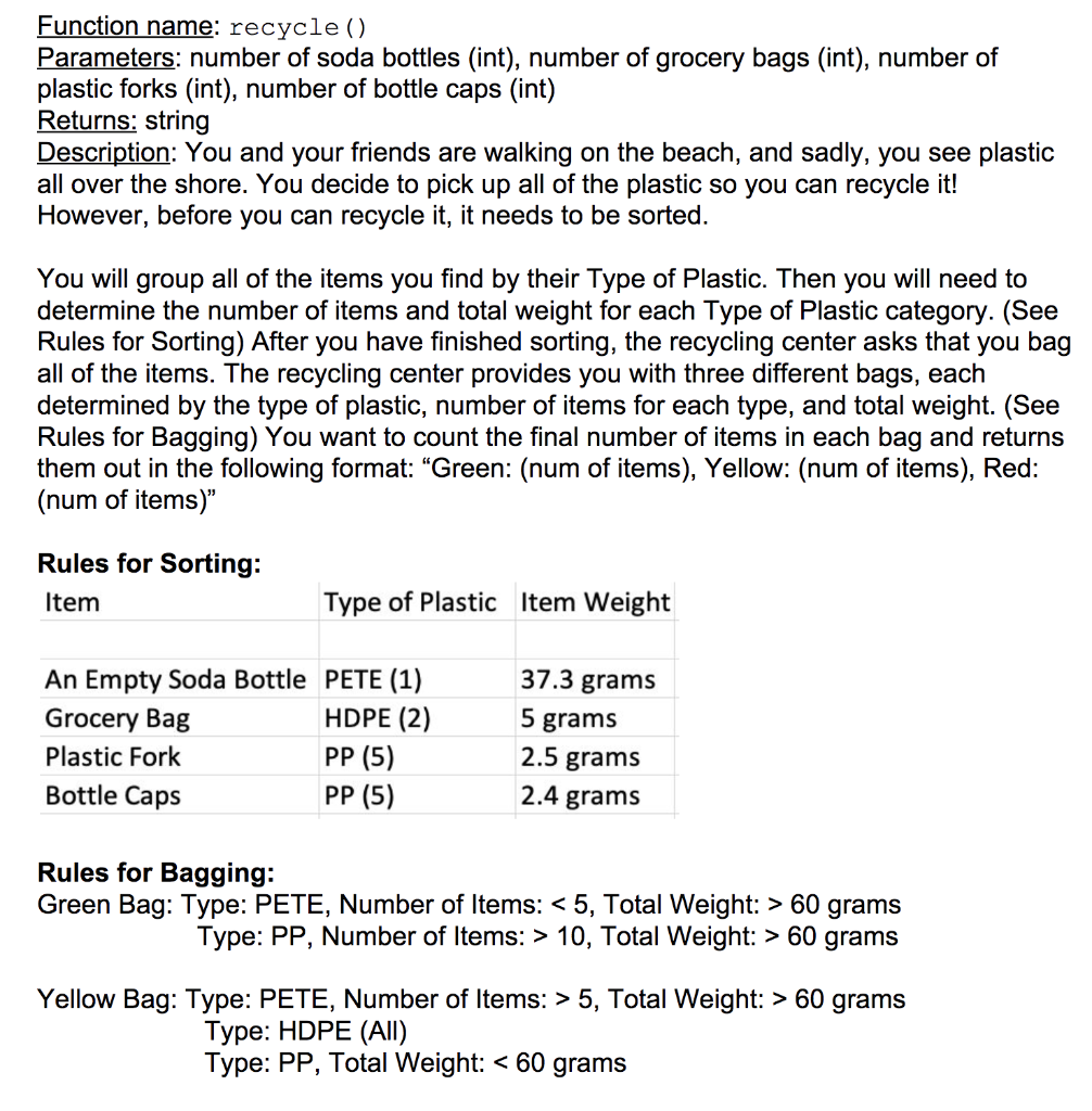 Function name: recycle() Parameters: number of soda bottles (int), number of grocery bags (int), number of plastic forks (int