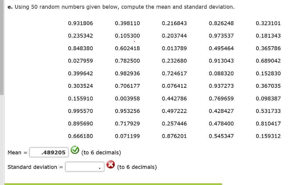 Solved e. Using 50 random numbers given below, compute the | Chegg.com