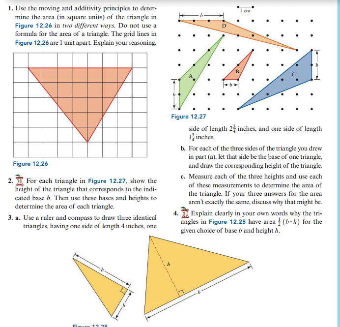 1. Use the moving and additivity principles to determine the area (in square units) of the triangle in Figure \( 12.26 \) in 