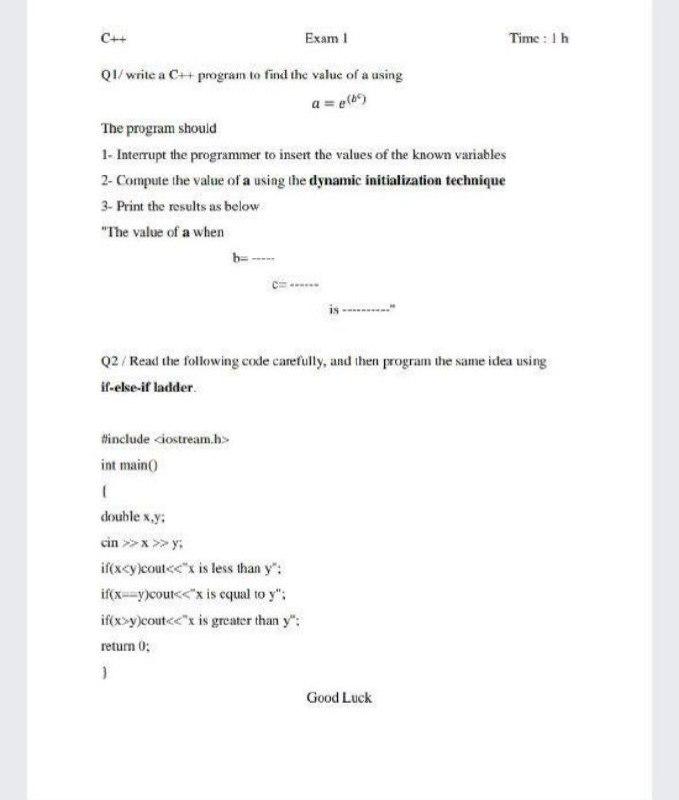 Solved Exam 1 Time: 1 h QI/ write a C++ program to find the | Chegg.com