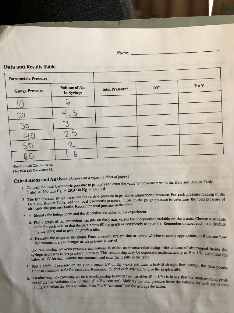Solved Name Data and Results Table Barometric Pressure