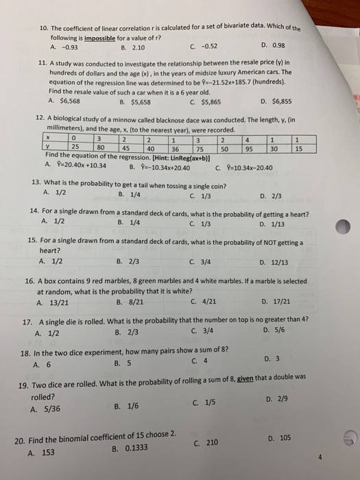 Solved 10. The coefficient of linear correlation r is | Chegg.com