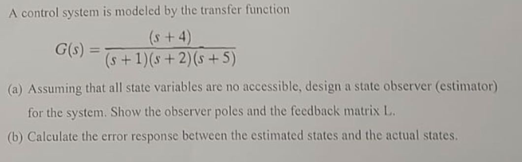 Solved A control system is modeled by the transfer function | Chegg.com