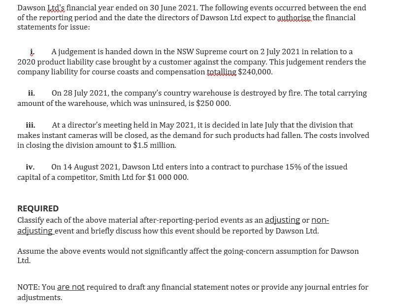 Solved Dawson Ltd S Financial Year Ended On 30 June 21 Chegg Com