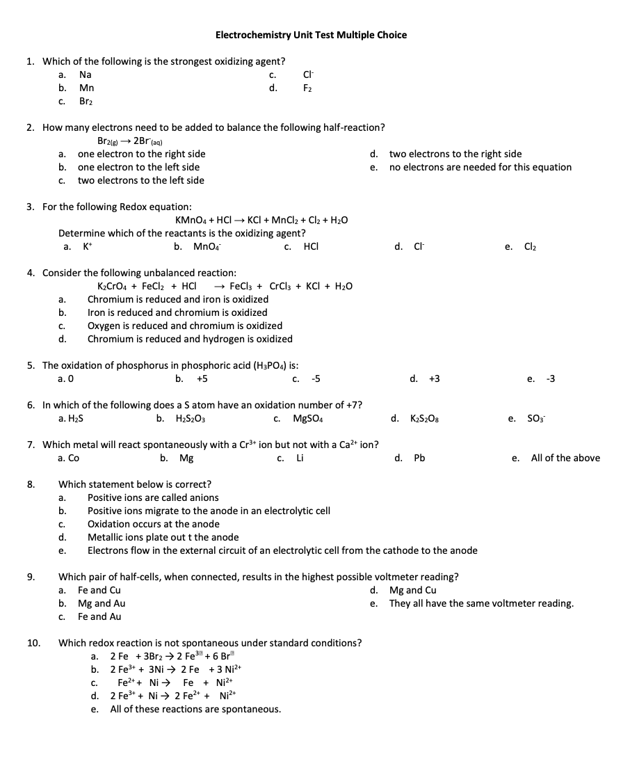 Solved Electrochemistry Unit Test Multiple Choice 1. Which | Chegg.com