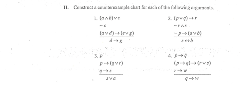 Solved II. Construct a counterexample chart for each of the | Chegg.com