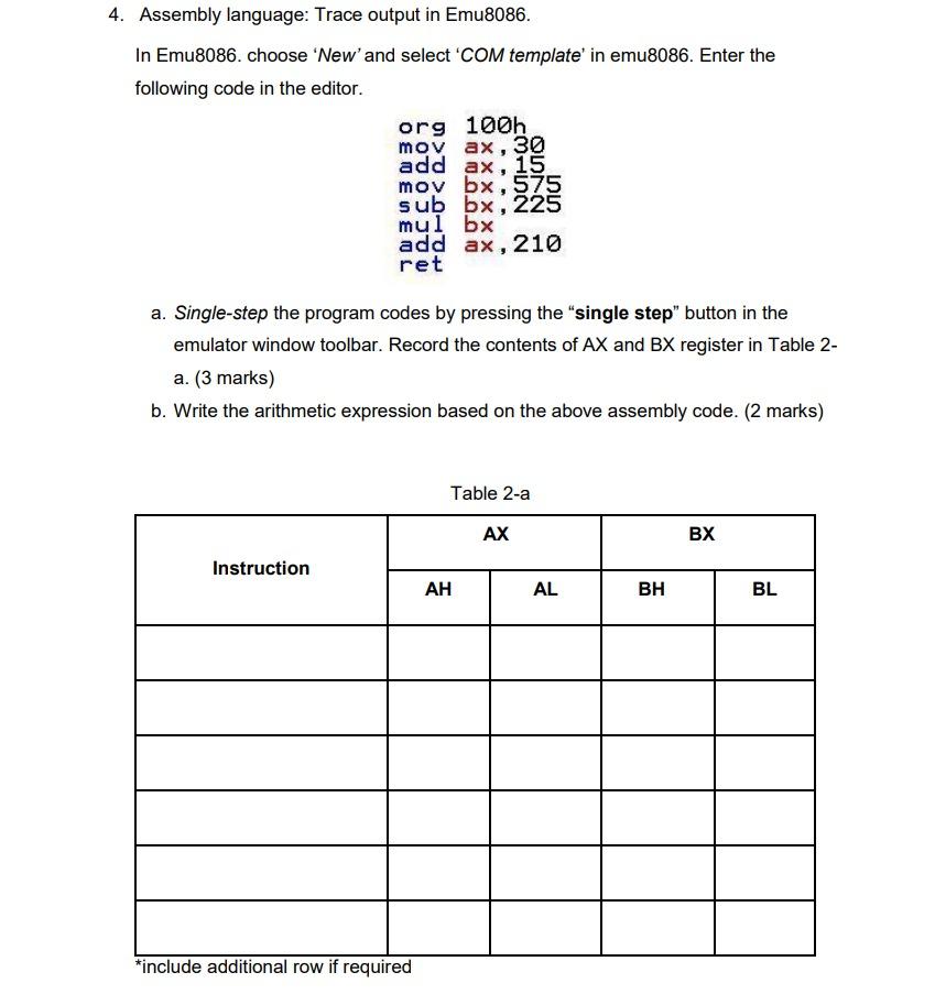 Solved 4. Assembly language: Trace output in Emu8086. In | Chegg.com