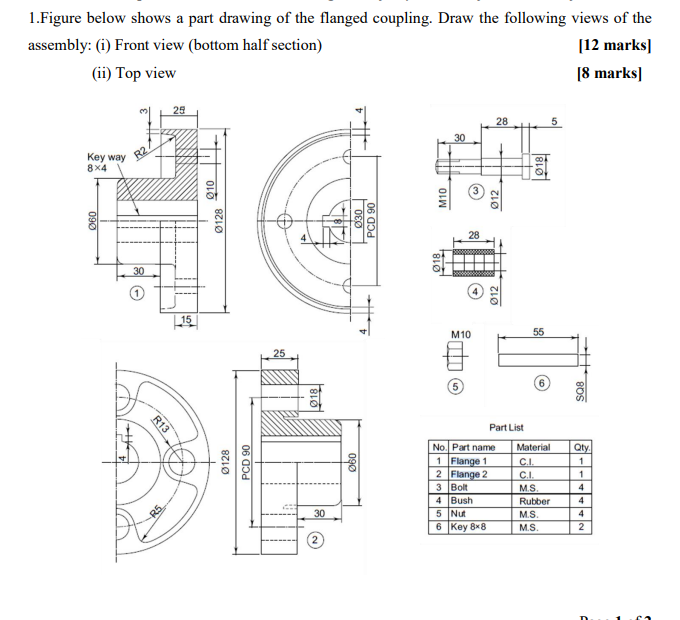 Solved 1. Figure below shows a part drawing of the flanged | Chegg.com