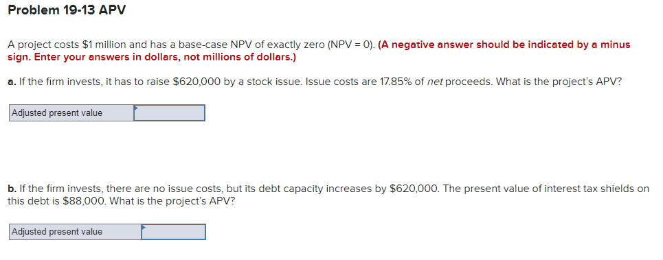 Solved Problem 19-13 APV A Project Costs $1 Million And Has | Chegg.com