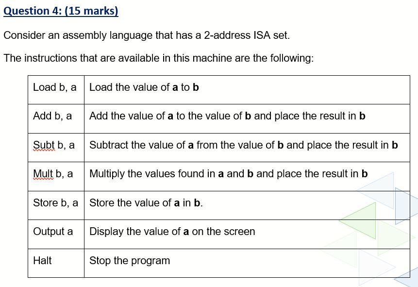 Solved Question 4 (15 marks) Consider an assembly language