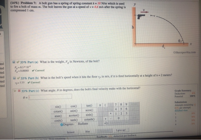 Solved (14%) Problem 7: A bolt gun has a spring of spring | Chegg.com