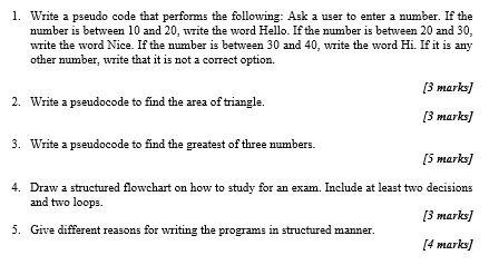 Solved 1. Write a pseudo code that performs the following: | Chegg.com