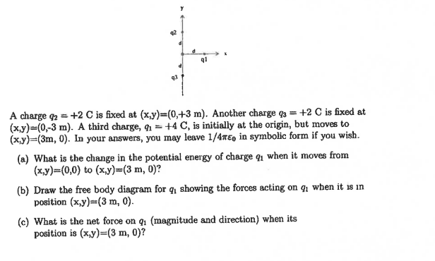 Solved A charge q2=+2C is fixed at (x,y)=(0,+3 m). Another | Chegg.com