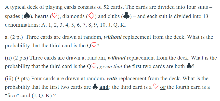 A typical deck of playing cards consists of 52 cards. The cards are divided into four suits \( - \) denominations: A, 1, 2, 3