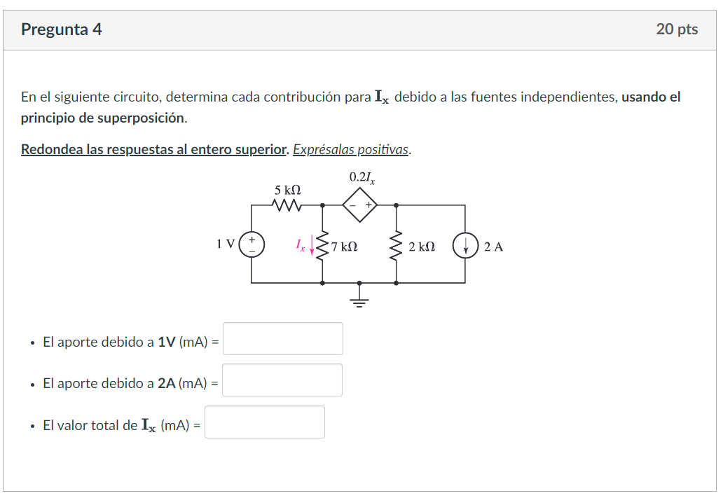 En el siguiente circuito, determina cada contribución para \( \mathbf{I}_{\mathbf{x}} \) debido a las fuentes independientes,