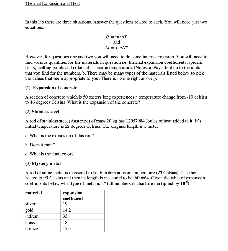 Solved Thermal Expansion and Heat In this lab there are | Chegg.com