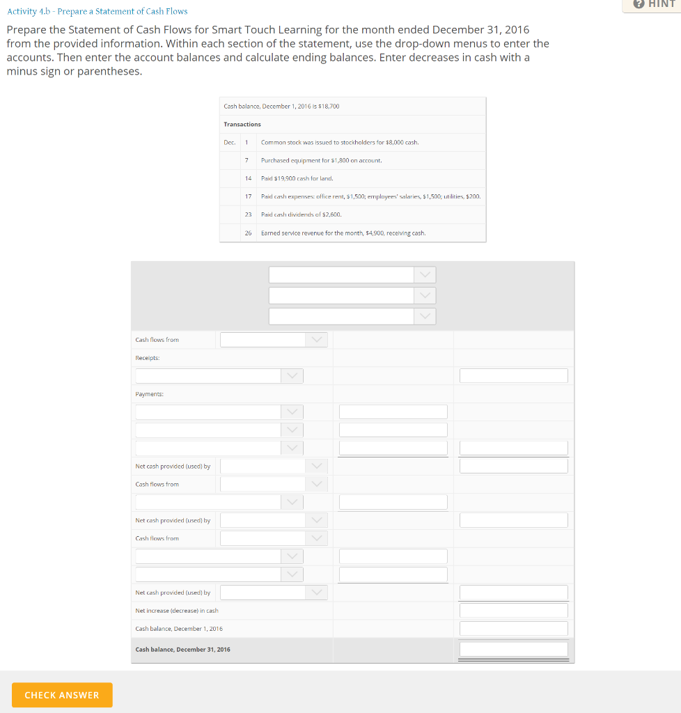 Solved HINT Activity 4.b - Prepare A Statement Of Cash Flows | Chegg.com