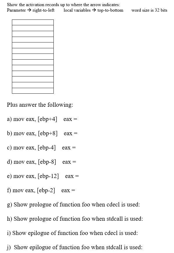 Stack Frame and function Prologue and Epilogue Given | Chegg.com