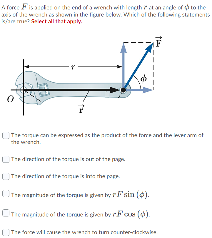 Solved A force F is applied on the end of a wrench with