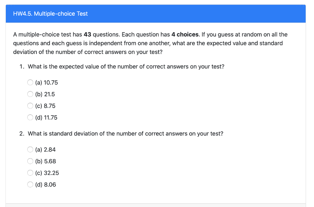fordomme Summen Bedst Solved HW4.5. Multiple-choice Test A multiple-choice test | Chegg.com