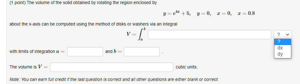 Solved (1 point) The volume of the solid obtained by | Chegg.com