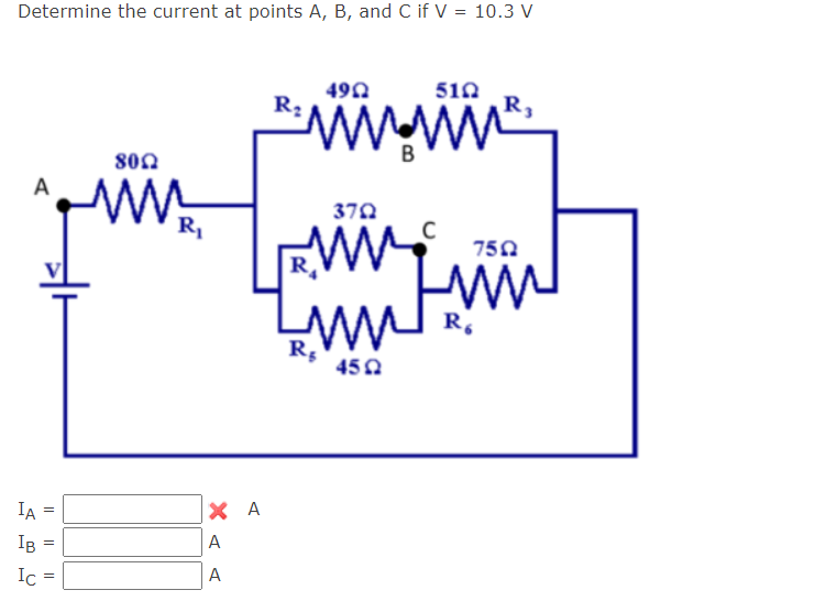 Solved Determine the current at points A, B, and C if V = | Chegg.com