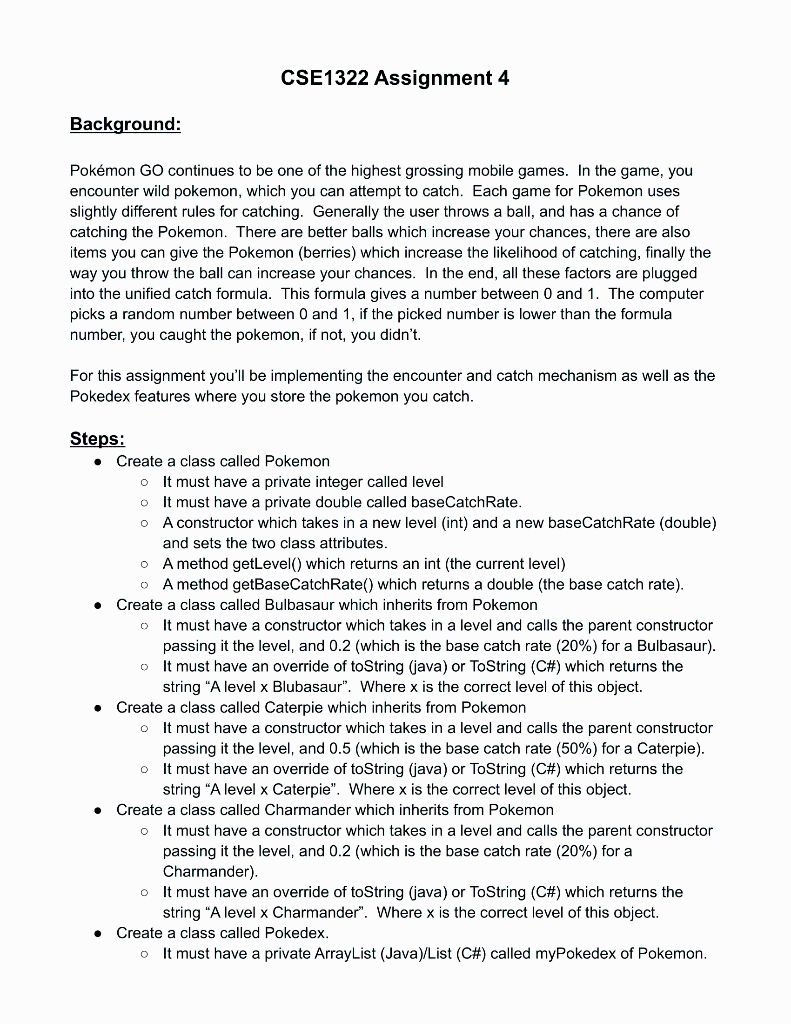 Solved CSE1322 Assignment 4 Background: Pokémon GO continues | Chegg.com