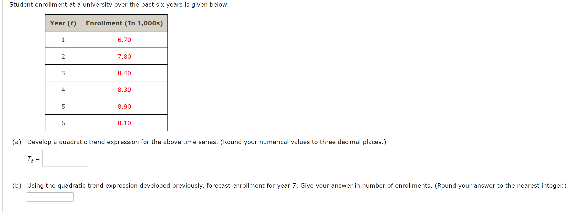 Solved Student enrollment at a university over the past six | Chegg.com