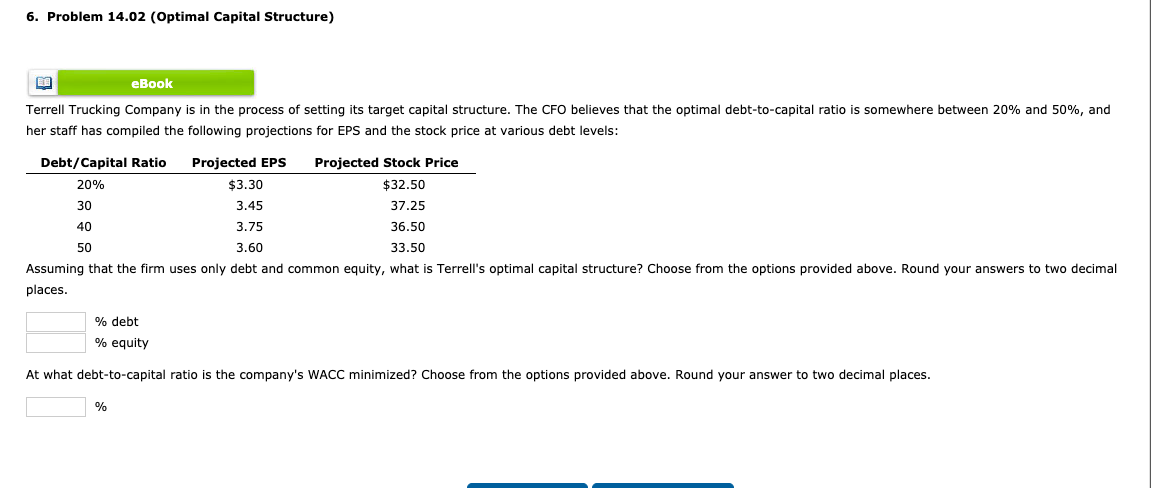 Solved 6. Problem 14.02 (Optimal Capital Structure) eBook | Chegg.com