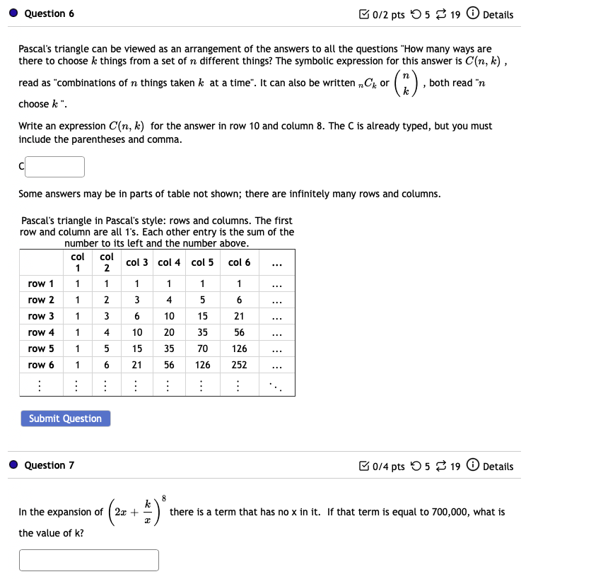 Solved Question 6 B0/2 Pts 5 5 3 19 Details Pascal's | Chegg.com