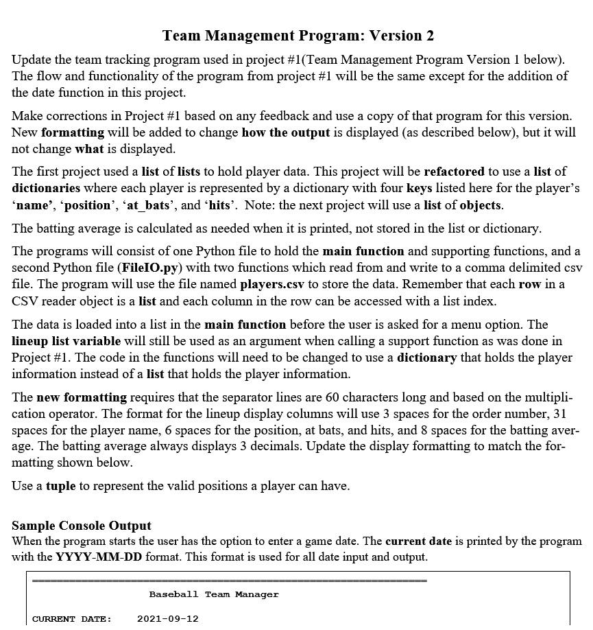 Solved Team Management Program: Version 2 Update the team | Chegg.com